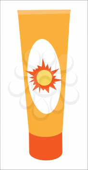 Sun cream tube in flat. Solar defence. Sun cosmetic. Orange plastic tube for sun block. Sunscreen cream bottle. Product for body and skin care, beauty, health, freshness, youth, hygiene.