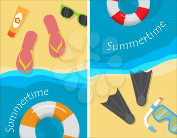 Summertime and beach vacation posters set. Snorkel flippers mask ball cream slippers and glasses on the sand near sea or ocean. Travelling banner. Things necessary for rest. Vector illustration
