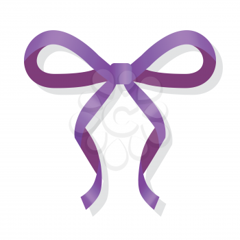 Purple thin bow isolated on white. Luxury holiday ribbon. Horizontal silk decoration element. Handmade satin bowknot. Simple cartoon vector ribbon in flat style design. Editable illustration icon