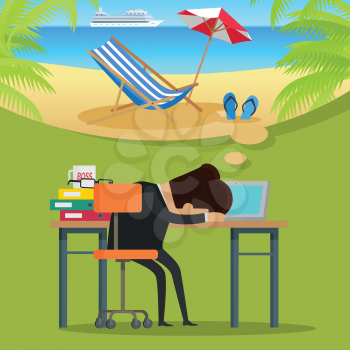 Young businessman in black business suit sleeping and dreaming about holidays. Summer beach vacation concept. Business people in office. Vector illustration in flat design.