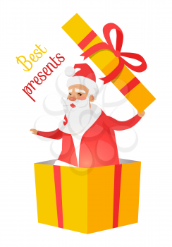 Best presents from Santa Claus on white background. Vector illustration of man in warm coat and soft hat inside yellow box with red ribbon and beautiful bow. Element of decor for Christmas holidays.