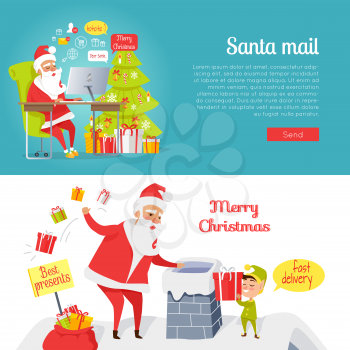 Collection of Merry Christmas and Santa mail pictures in cartoon style. Vector of Santa Claus reading online letters near decorated xmas tree and New Year characters throwing gift boxes in chimney.