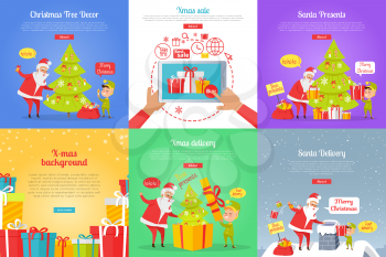 Collection of christmas vector illustrations with Santa Claus and gnome decorating xmas tree and throwing presents in chimney. Colourful poster with online buying gifts and sending spruce in box.