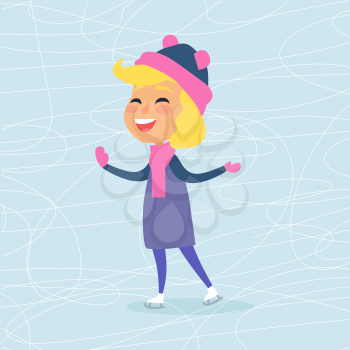 Cartoon smiling girl on icerink in flat design. Christmas entertainment in city in winter time. Vector illustration of happy female person in pink hat, scarf and mittens spending New Year holidays