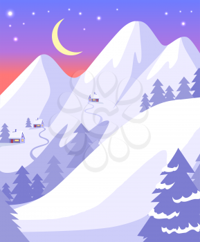 Beautiful landscape of high snowy white mountains and moon with bright stars on blue sky. Vector background with gray forest and far away cottage houses on hilly field. Among pitch grow fir trees