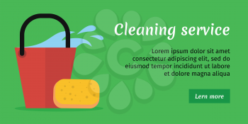 Green cleaning service banner with red bucket of water and sponge. House cleaning service, professional office cleaning, home cleaning, domestic cleaning service illustration in flat. Website template