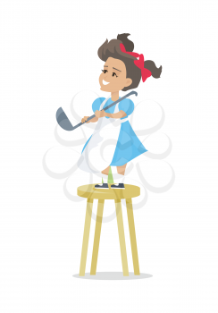 Little girl with soup ladle stand on kitchen backless stool. Smiling little girl in blue dress and white apron cooking. Isolated vector illustration on white background