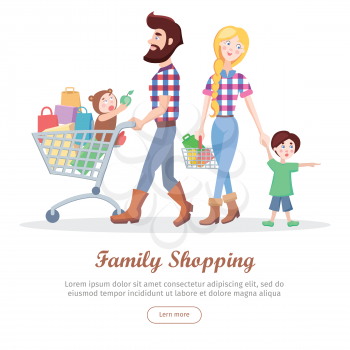 Family shopping banner. Hipster man and woman make purchases with kids cartoon flat vector illustration isolated on white background. Father and mother buying gifts on sale with son and daughter