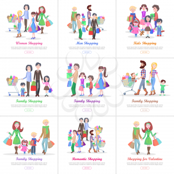 Family shopping banners set. Father and mother cartoon characters make purchases with daughter and son flat vector illustration. Horizontal concepts with big family for sale promotions web page