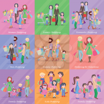 Set of different kinds of shopping in storehouses. Romantic families with kids, men and women on valentine shopping. Vector illustration of happy big families and couples in stores.
