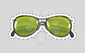 Classical green sunglasses icon patch. Glasses cut out. Unisex model, frame for man and woman. Eyeglasses with dashed line sticker. Hipster glasses. Metal framed retro glasses. Vector illustration