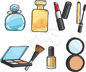Set of various make-up things. Eyeshadow, long brown brush, red lipstick, perfume bottle, nail polish, isolated. Colourful. Collection of objects for women. Cartoon design. Flat style. Vector
