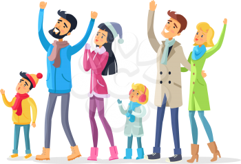 Family and friends in warm winter clothes celebrate New Year and look up. Joyful young man with raised hands, woman in Snow-maiden cap and children and adults together enjoy life vector illustration