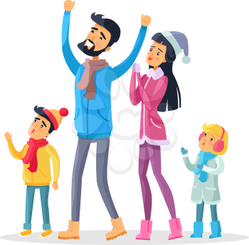 Family of four in warm winter clothes celebrate New Year and look up. Joyful young man with raised hands, woman in Snow-maiden cap and two children together enjoy life and demonstrate emotions. Vector