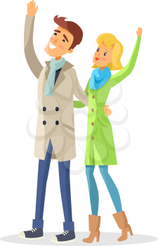 Couple in warm winter clothes looks up in the sky. Joyful young man and woman with raised hands. Adults together enjoy life and waving hello to somebody vector illustration in flat style design