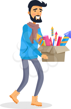 Smiling cartoon man in sportswear carries carton box full of pyrotechnics. Preparations for New Year celebration and winter holidays. Flat vector portrait of smiling male person with fireworks