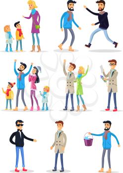 People celebrating New Year on white. Vector illustration of woman teaching children, fighting men, people looking at sky, person reading instruction, man carrying bucket with water in cartoon style