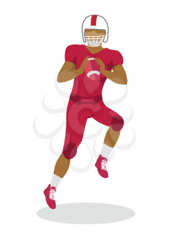 American football. Football player with ball in hands in equipment and helmet. Red football uniform. Sport team game. Cartoon icon of football player jumping with ball. American football sign. Vector