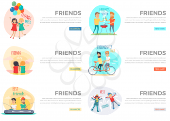Best friends day forever in round shapes collection on white. Girls with colourful balloons, plaid hair and boys fishing in boat, having picnic, riding bike, lying in snow pictures with text near
