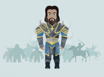 Fantasy knight character vector in flat style design. King game personage in fairy bright armor. Illustration for games industry concepts, icons and pictograms. Silhouettes of orks in background.