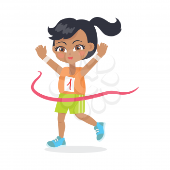 Running girl crosses finish line. Female teenage with ponytail wearing orange t-shirt and green shorts. Black hair. Cartoon design. Illustration of happy female sportsman athlete. Flat design. Vector