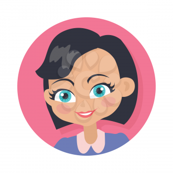 Smiling girl with black bob haircut avatar userpic. Dark forelock. Portrait of nice female person in violet blouse. Green eyes. Simple cartoon style. Girl in round button. Flat design. Vector