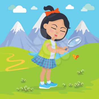 Girl holds magnifying glass in her hands in the mountains. Little girl has leisure time. School girl at hiking tour. Young lady at expedition investigate nature. Favourite hobby activity. Vector