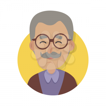 Man face emotive icon. Old man in glasses with mustache smiling with closed eyes isolated flat vector illustration Happy human psychological portrait. Positive emotions user avatar. For web app design