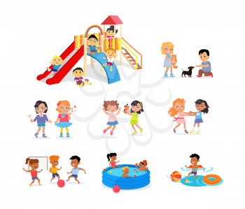 Children spending time on colourful playground, in blue pool, in water with toy and ball, playing football, caring about cat and dog, Guinea pig. Vector white poster with joyful kids having fun
