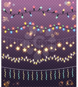 Garlands collection on transparent background. Vector illustration of ropes with many colourful and yellow bulbs in star shape. Abstract creative realistic luminous bulbs for holiday decoration.
