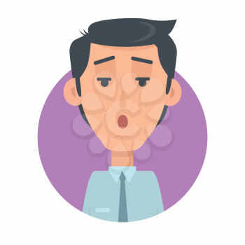 Man face emotive icon. Surprised brunet male character with open mouth and raised eyebrows flat vector isolated on white. Confused human psychological portrait. Emotions concept. For app, web design