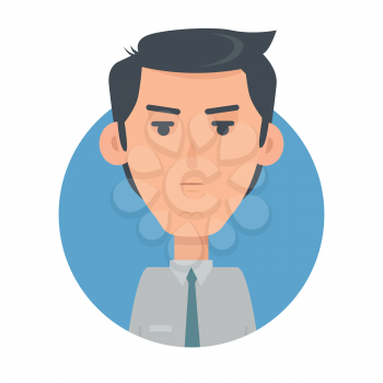 Man face emotive icon. Serious brunet male character with frowned eyebrows flat vector illustration isolated on white. Sad human psychological portrait. Negative emotions concept. For app, web design