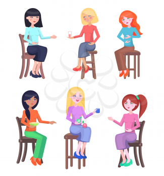 Beautiful women on chairs set. Young females in casual clothing seating in various poses with bowl of porridge, fruits and glass isolated flat vector illustrations for dieting and motherhood concepts