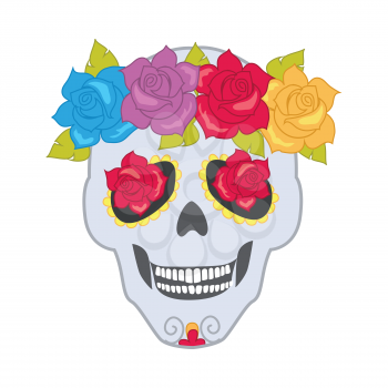 Human skull and flower wreath. Illustration of isolated cranium decorated with blossoms on white. Colourful roses with leaves. Flowers instead of eyes. Cartoon design. Patch. Flat style. Vector
