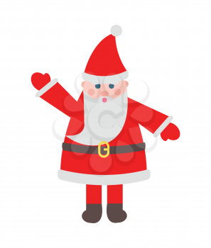 Santa Claus toy with raised hand isolated on white. Man in red xmas hat and with white beard. Brown belt on waist. Simple cartoon style. Flat design. Comic illustration in 80s 90s style. Vector