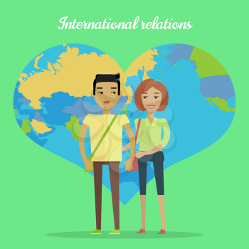 International relations vector concept. Flat design. Nations cooperation. Interracial marriages. Asian man, caucasian woman holding hands on green background with world map in shape of heart