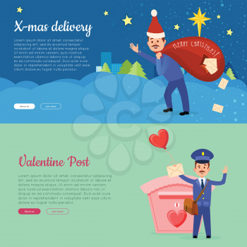 Xmas delivery and Valentine post banner with postman. Mailman with bag of letters. Express messenger to 14 of February love concept. Vector illustration of advertisement web poster in cartoon style