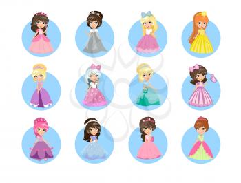 Beautiful cartoon princesses icons set. Cute little girls with diadems on hair and long evening gown isolated flat vectors. Fairytale girls in gorgeous dresses illustrations for kids greeting cards