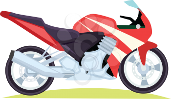 Black and red modern fast motorbike on white background. Two wheels and tyres throttle seat with powerful engine exhaust system footrests fuel system. Isolated on green grass vector illustration