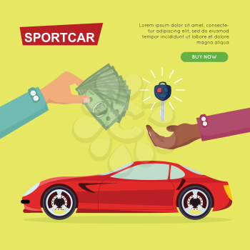 Buying sportcar online. Car sale by cash, getting new key of car web banner vector illustration. Customer buy sportcar for transport advertising company. E-commerce concept business agreement.