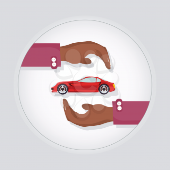 Red modern fast sports car in two carefull hands vector illustration. New luxurious and special design for car lover, best insurance logo. Car protection advertisement automobile service logotype