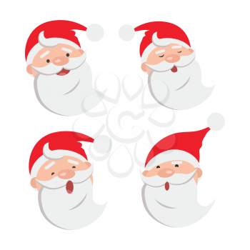 Collection of four Santa Claus face expressions. Different emotions on male faces. White beard. Red hat with white round bow. Types of feelings on countenance. Cartoon style. Flat design. Vector