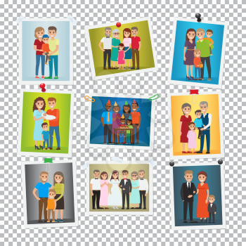 Family portrait set. Happy photos of family members. Close relationships concept. Best memories on pictures. Parenthood concept. Marriage, birthday, holiday. Several generations. Vector illustration
