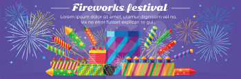Organization of fireworks festival. Set of different kinds of amazing fireworks vector illustrasion. Celebration of any occasions with salute elements and pyrotechnic devices. Banner in flat style
