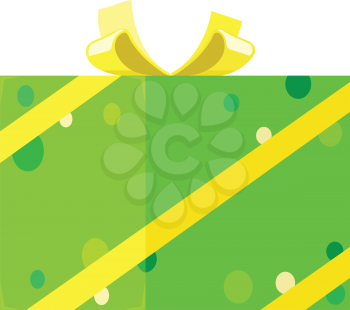 Gift box isolated vector illustration. Isometric present for festivals in green dotted paper with big yellow bow. Pyrotechnic device as present inside for holiday celebrations, entertainment purposes