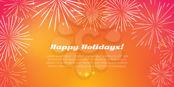 Happy holidays banner in flat style with best fireworks salute elements. Fireworks festival with kinds of fireworks on orange pyrotechnical background. Vector illustration for birthday celebration