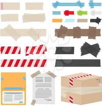 Set of different scotch tape on white background. Vector illustration can be used to stick documents, to protect box in post office, to fence dangerous territory from people, to decorate room.