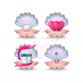 Open rosy shells with face cream bottle, two pink hearts, wedding ring with stone and white pearl inside. Vector poster of seashells used as festive boxes with decorative and precious elements.