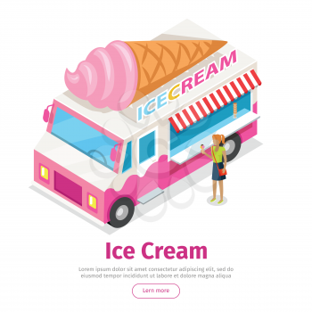 Ice cream truck in isometric projection style design icon. Street fast food concept. Food trolley with ice cream cone illustration. Isolated on white background. Ice cream mobile shop. Vector