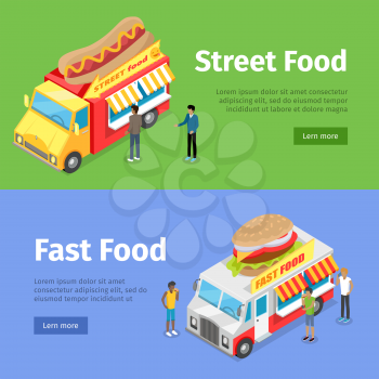 Street food and fast food movable minivans selling hotdogs and burgers. Vector web banner of people buying unhealthy junk food in yellow and white minivans and some written text information.